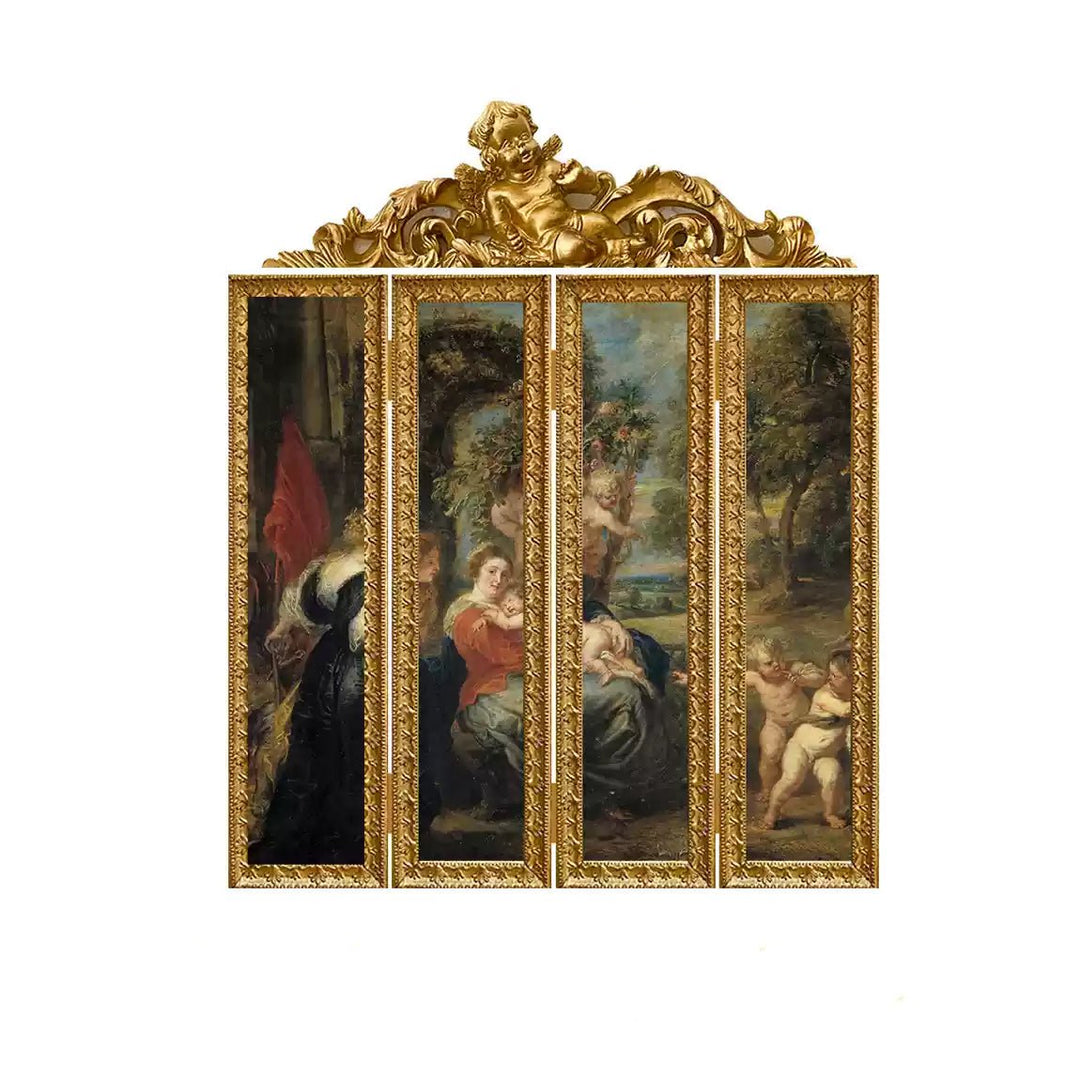 Baroque - Style Vintage Framed Antique Art – Handmade Four - Panel Ornate Picture Screen or Wall Decor - WonderlandByLilian