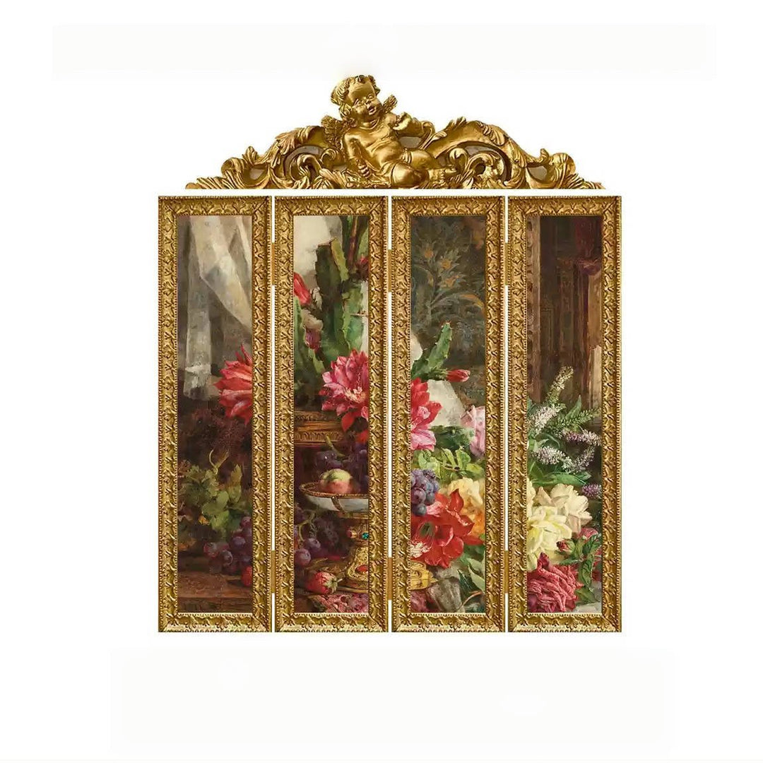 Baroque - Style Vintage Framed Floral Art – Handmade Four - Panel Ornate Picture Screen or Wall Display - WonderlandByLilian