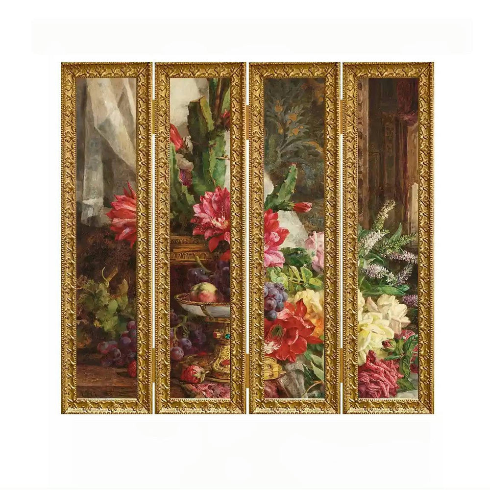 Baroque - Style Vintage Framed Floral Art – Handmade Four - Panel Ornate Picture Screen or Wall Display - WonderlandByLilian