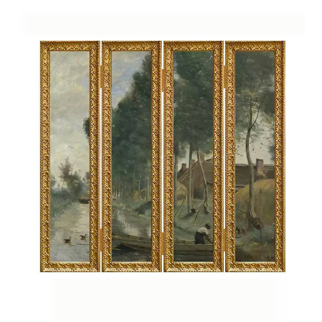 Baroque - Style Vintage Framed Landscape Art – Handmade Four - Panel Antique Picture Screen or Wall Display - WonderlandByLilian