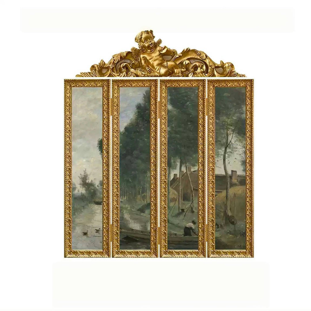 Baroque - Style Vintage Framed Landscape Art – Handmade Four - Panel Antique Picture Screen or Wall Display - WonderlandByLilian