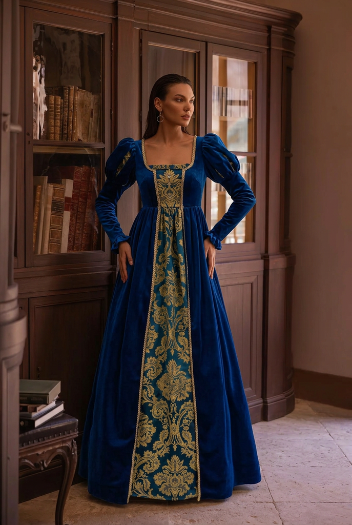adult queen renaissance fair dress Regency Era Queen Dress - Renaissance Sapphire Velvet Jacquard Ball Gown  Costume