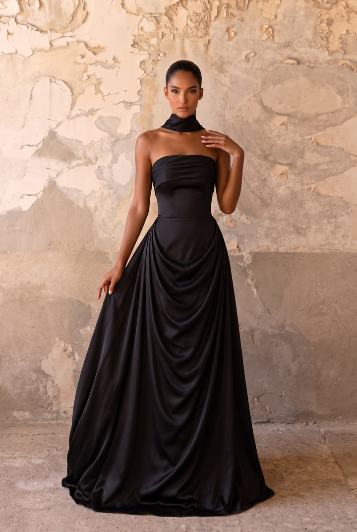 Black Satin Evening Gown with Strapless Neckline & Scarf A-Line Formal Dress Plus Size
