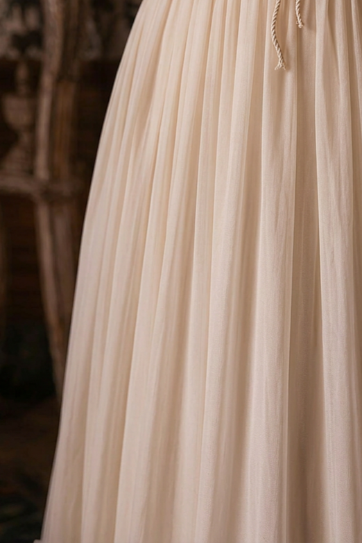 Gunne Sax Inspired Beige Chiffon Prom Dress - Modest Lace Tea Dress - French Style 1980s