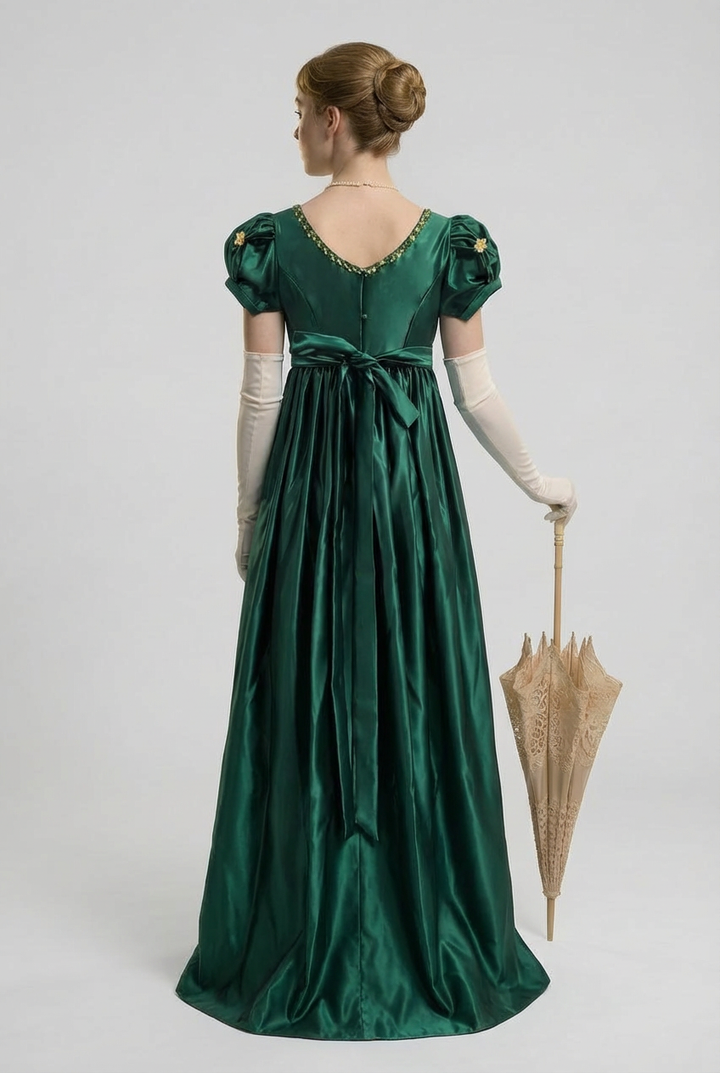 Emerald Green Bridgerton Inspired Regency Dress Women - Green Bridgerton Dress with Bow Tie Belt Plus Size