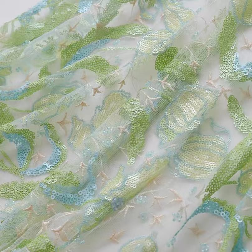 Beaded Green Tulip Floral Embroidered Lace Fabric - WonderlandByLilian