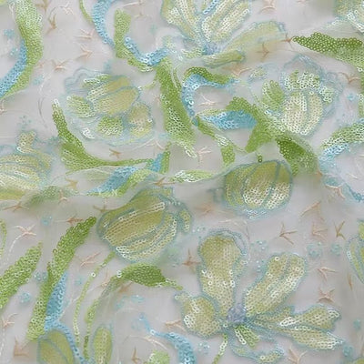 Beaded Green Tulip Floral Embroidered Lace Fabric - WonderlandByLilian