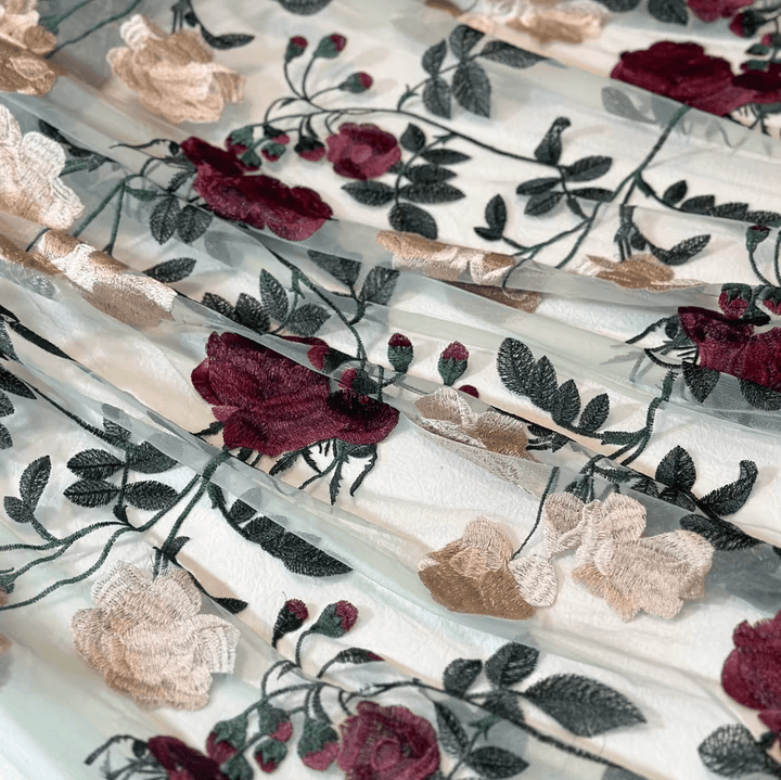 Beige and Rose Red Embroidered Tulle Lace Fabric - WonderlandByLilian