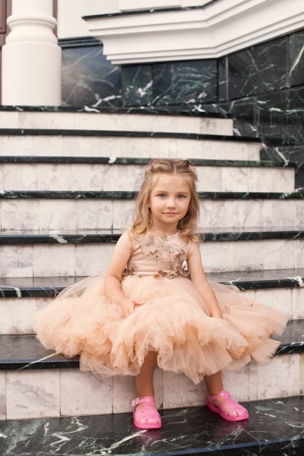 Beige Sleeveless Midi Plus Size Girl’s Dress – Tiana Tutu Gown with 3D Floral Bead Decor for Special Occasions - WonderlandByLilian