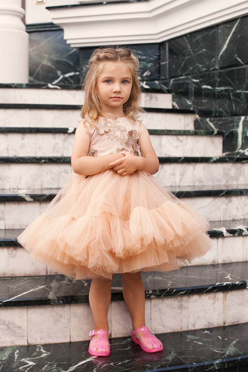 Beige Sleeveless Midi Plus Size Girl’s Dress – Tiana Tutu Gown with 3D Floral Bead Decor for Special Occasions - WonderlandByLilian