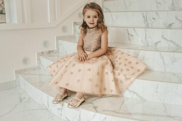 Beige Tulle Plus Size Girl’s Dress – Estelle Sleeveless Midi Gown with Pearls and Beads for Special Occasions - WonderlandByLilian