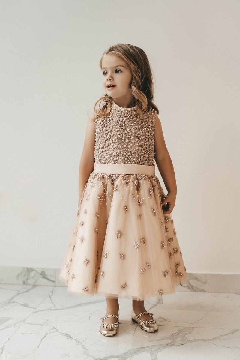 Beige Tulle Plus Size Girl’s Dress – Estelle Sleeveless Midi Gown with Pearls and Beads for Special Occasions - WonderlandByLilian