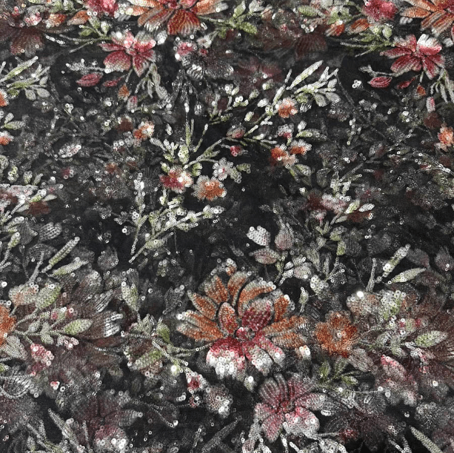 Black 3D Floral Embroidery Lace Fabric with Sequins - WonderlandByLilian