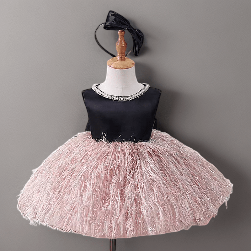 Black and Blush Pink Flower Girl Dress with Bow and Feather Skirt for Wedding – Plus Size - WonderlandByLilian