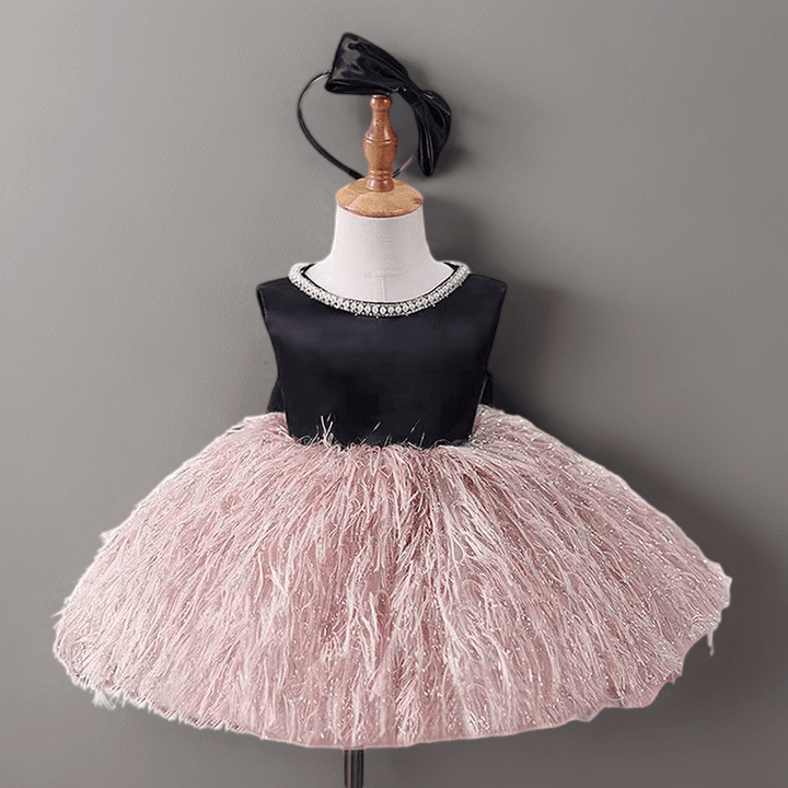 Black and Blush Pink Flower Girl Dress with Bow and Feather Skirt for Wedding – Plus Size - WonderlandByLilian