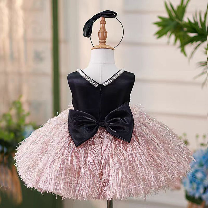 Black and Blush Pink Flower Girl Dress with Bow and Feather Skirt for Wedding – Plus Size - WonderlandByLilian