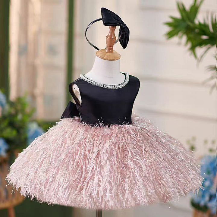 Black and Blush Pink Flower Girl Dress with Bow and Feather Skirt for Wedding – Plus Size - WonderlandByLilian