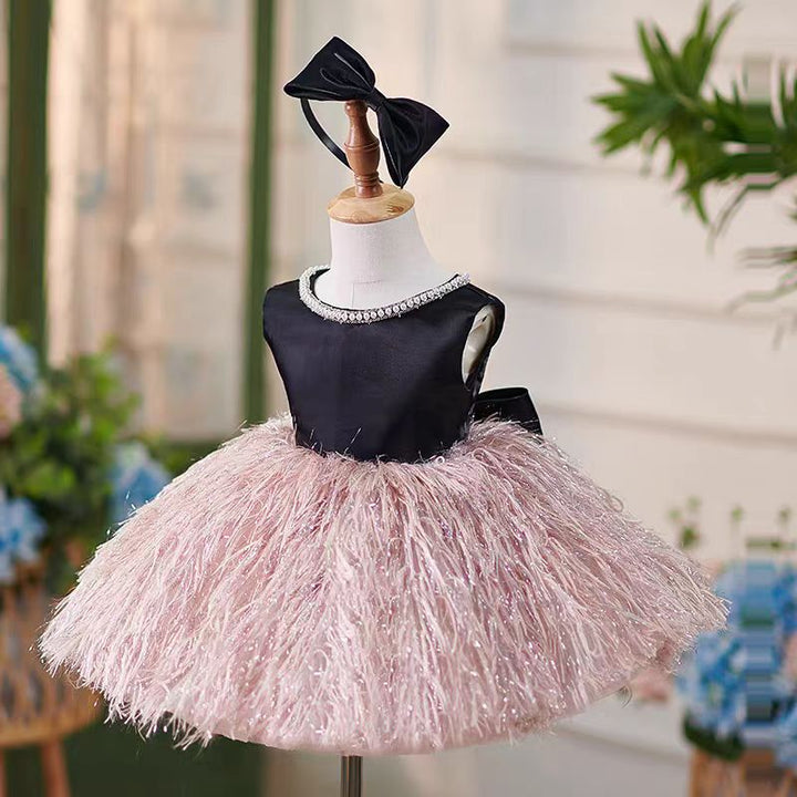 Black and Blush Pink Flower Girl Dress with Bow and Feather Skirt for Wedding – Plus Size - WonderlandByLilian