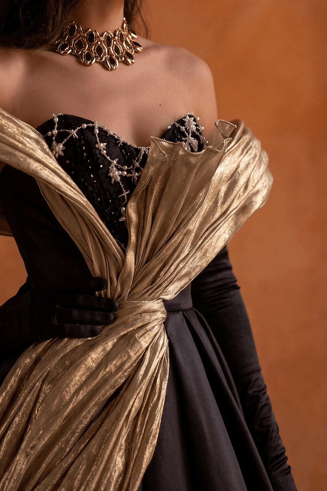 Black and Gold Evening Dress – Off the Shoulder Evening Gown with Draped Satin and Corset Back Plus Size Custom made / Black