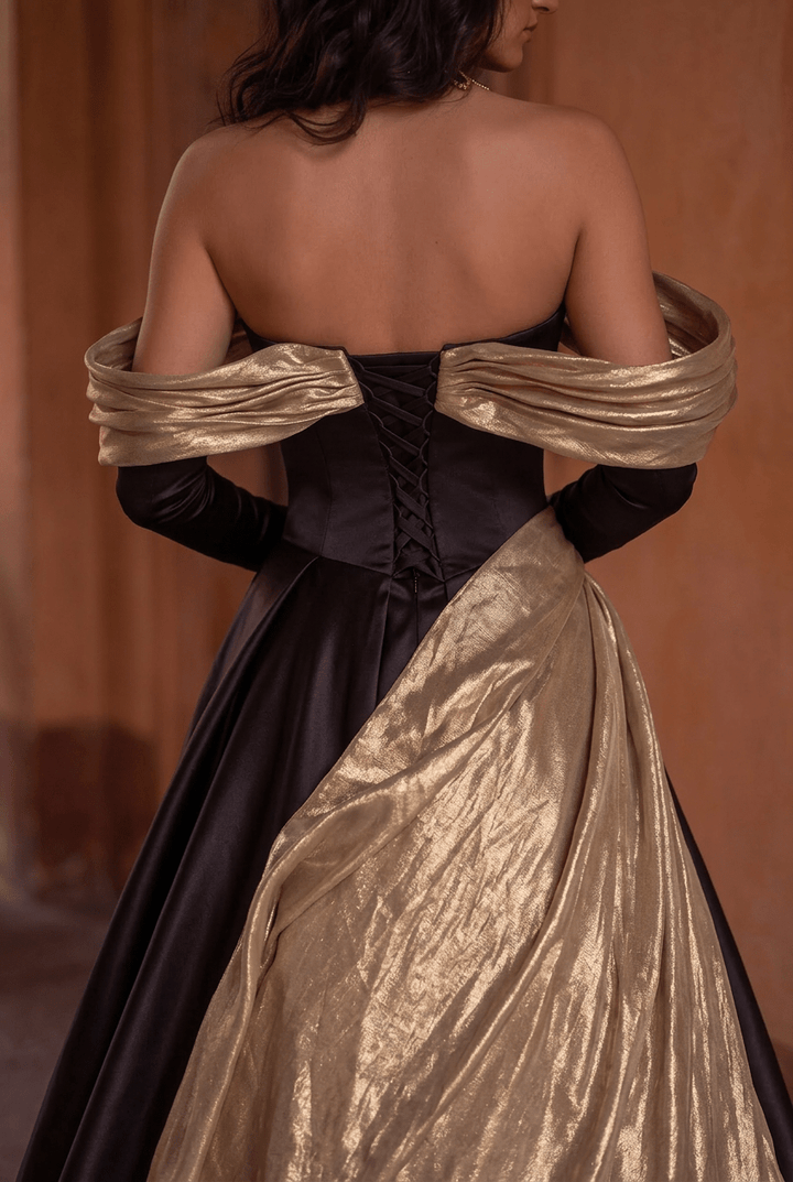 Black and Gold Evening Dress – Off the Shoulder Evening Gown with Draped Satin and Corset Back Plus Size - WonderlandByLilian