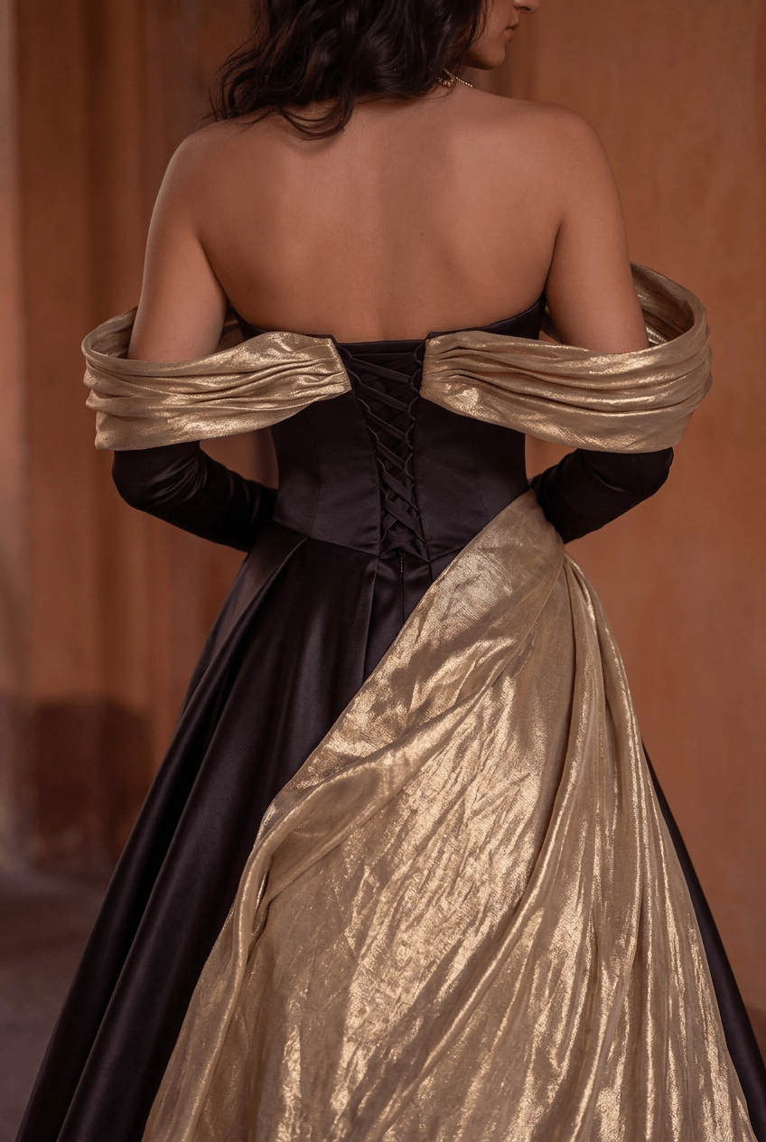 Black and Gold Evening Dress – Off the Shoulder Evening Gown with Draped Satin and Corset Back Plus Size Size 20W / Black / Dress