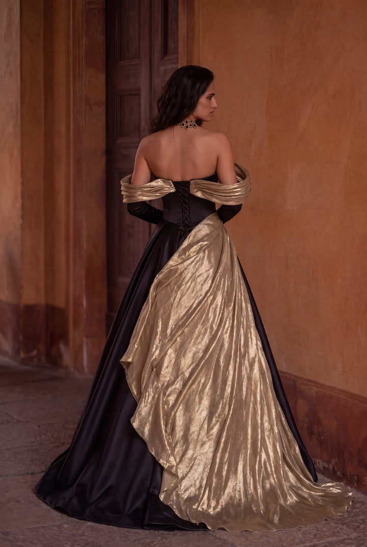 Black and Gold Evening Dress – Off the Shoulder Evening Gown with Draped Satin and Corset Back Plus Size - WonderlandByLilian