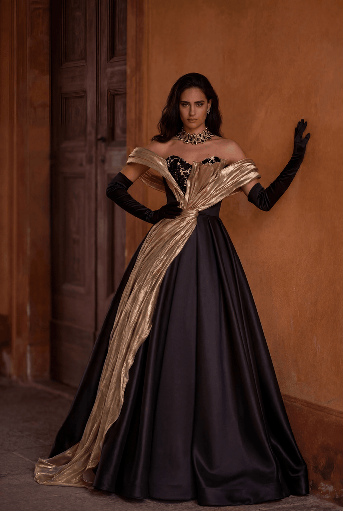 Black and Gold Evening Dress – Off the Shoulder Evening Gown With Draped Satin and Corset Back Plus Size Size 22W / Black / With Choker +Gloves