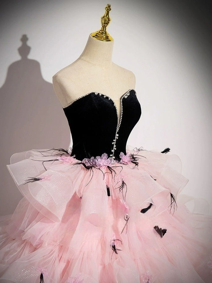 Black and Pink Tulle Party Dress with Floral Accents - Pink Evening Gown Plus Size - WonderlandByLilian