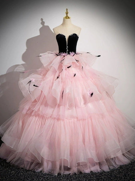 Black and Pink Tulle Party Dress with Floral Accents