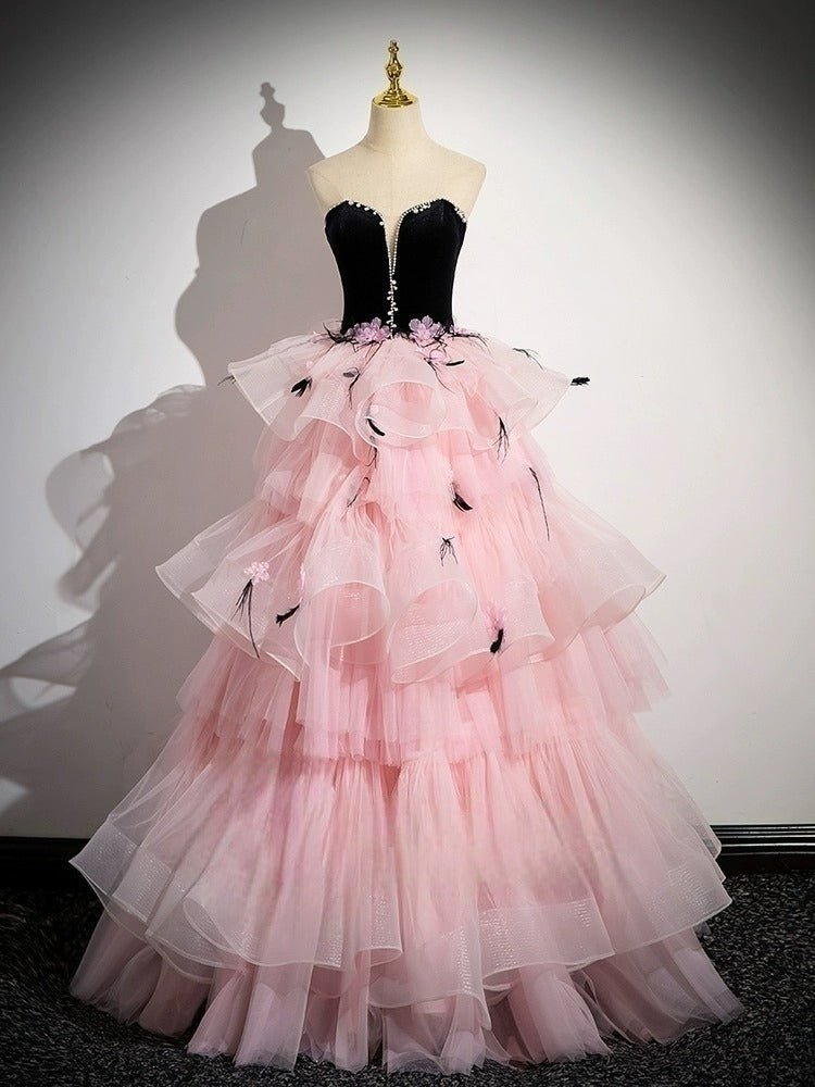 Black and Pink Tulle Party Dress with Floral Accents - Pink Evening Gown Plus Size Size 18W / Pink Black and Pink Tulle Party Dress with Floral Accents - Pink Evening Gown Plus Size Size 18W / Pink