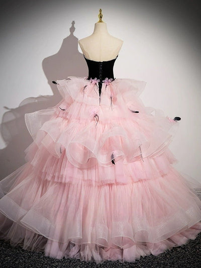 Black and Pink Tulle Party Dress with Floral Accents - Pink Evening Gown Plus Size - WonderlandByLilian