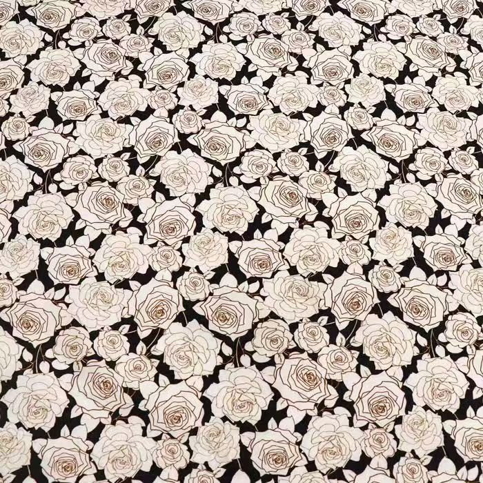 Black and White Floral Rose Printed Cotton Fabric for Dresses and Shirts - WonderlandByLilian