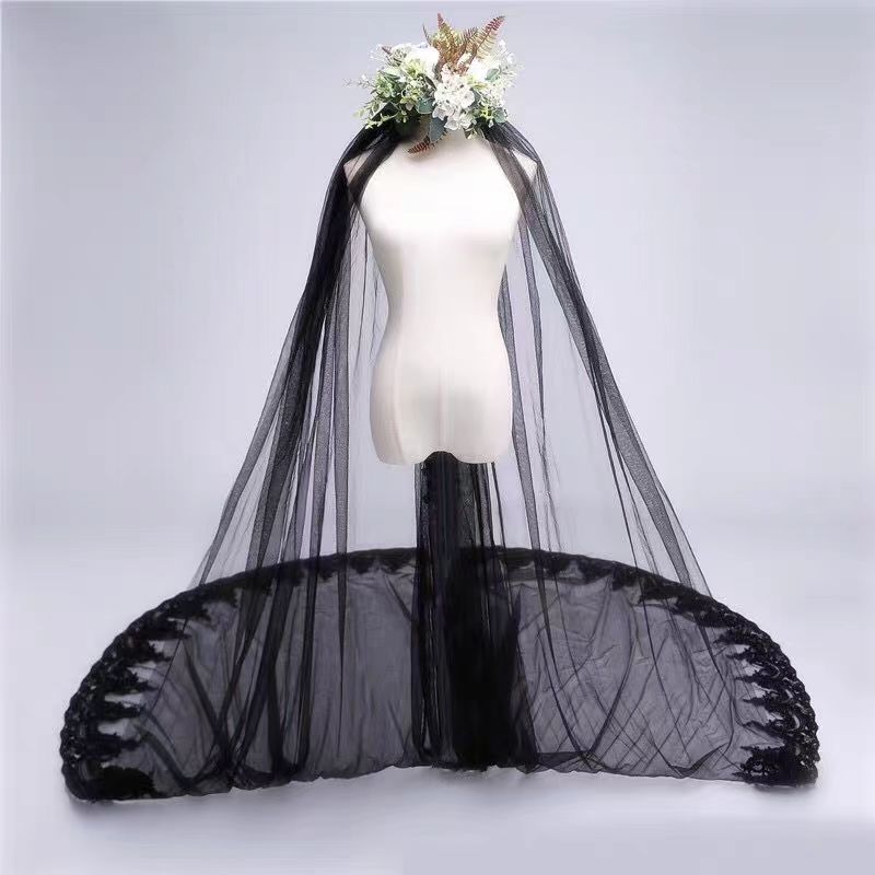 Black Cathedral Wedding Veil with Lavish Floral Embroidery - Luxurious Gothic Veil - WonderlandByLilian