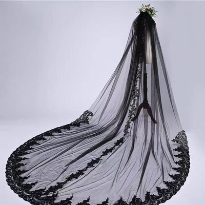 Black Cathedral Wedding Veil with Lavish Floral Embroidery - Luxurious Gothic Veil - WonderlandByLilian