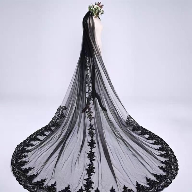 Black Cathedral Wedding Veil with Lavish Floral Embroidery - Luxurious Gothic Veil - WonderlandByLilian