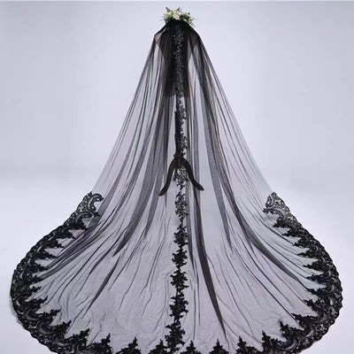 Black Cathedral Wedding Veil with Lavish Floral Embroidery - Luxurious Gothic Veil - WonderlandByLilian