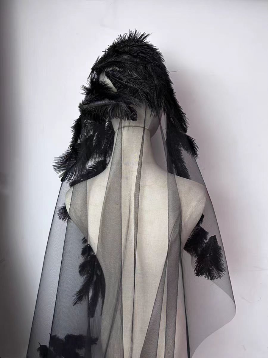 Black Feathered Gothic Veil with Dramatic Tulle Layers - Stylish Medium Length Veil - WonderlandByLilian