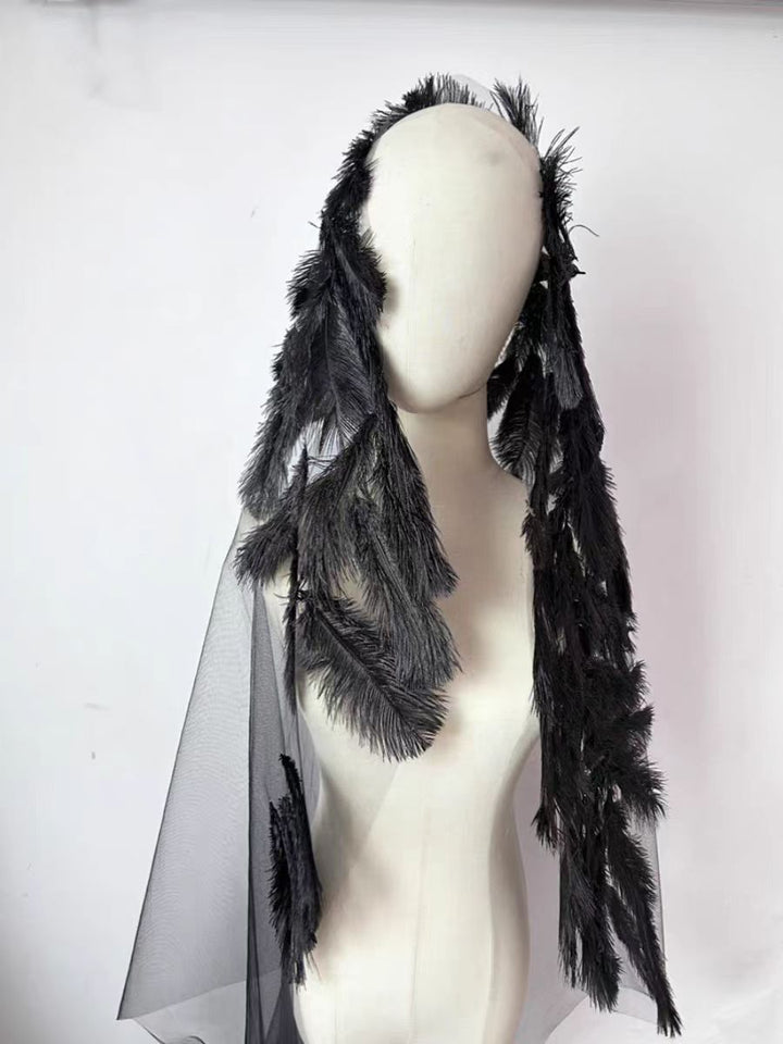 Black Feathered Gothic Veil with Dramatic Tulle Layers - Stylish Medium Length Veil - WonderlandByLilian