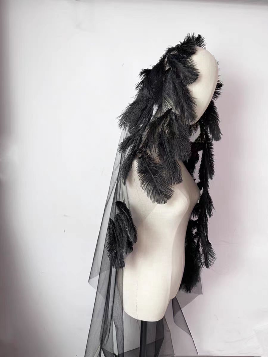 Black Feathered Gothic Veil with Dramatic Tulle Layers - Stylish Medium Length Veil - WonderlandByLilian