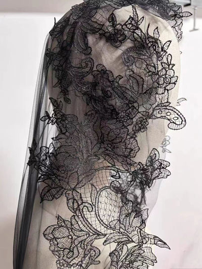 Black Floral Lace Embellished Veil - Enchanting Cathedral Veil - WonderlandByLilian