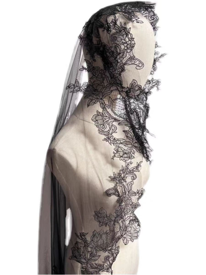 Black Floral Lace Embellished Veil - Enchanting Cathedral Veil - WonderlandByLilian