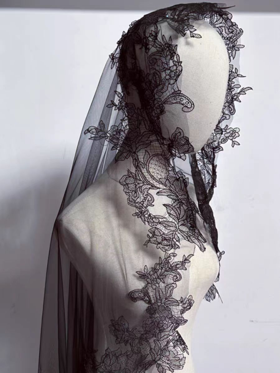 Black Floral Lace Embellished Veil - Enchanting Cathedral Veil - WonderlandByLilian