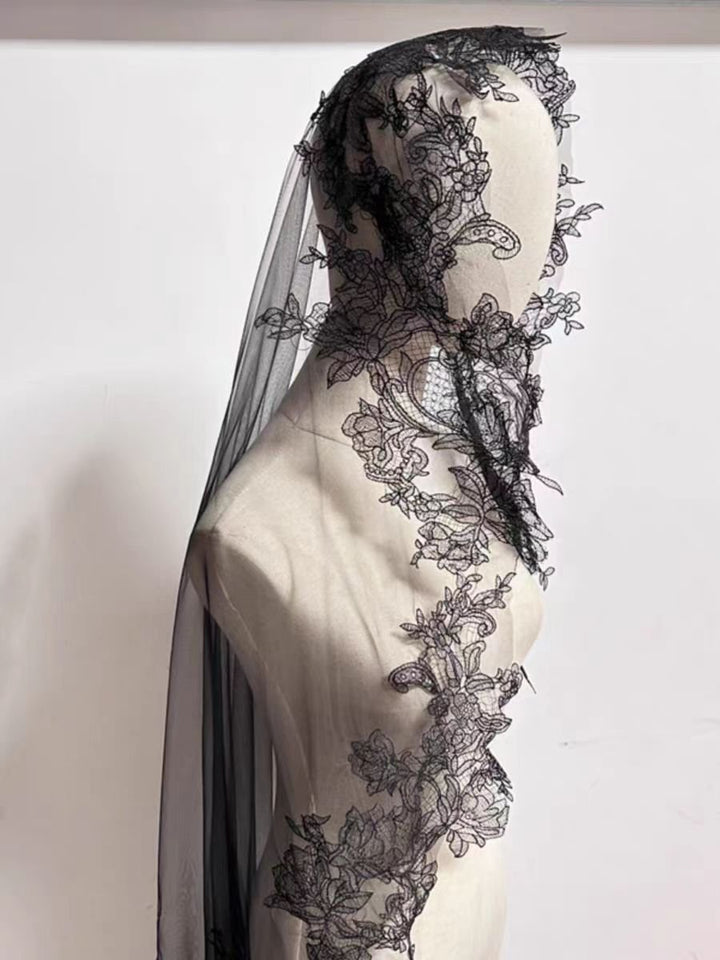 Black Floral Lace Embellished Veil - Enchanting Cathedral Veil - WonderlandByLilian