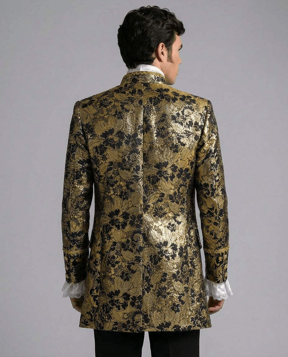 Black Gold Baroque Jacquard Regency Jacket for Men – Gothic Palace Formal Tailored Coat Plus Size - WonderlandByLilian