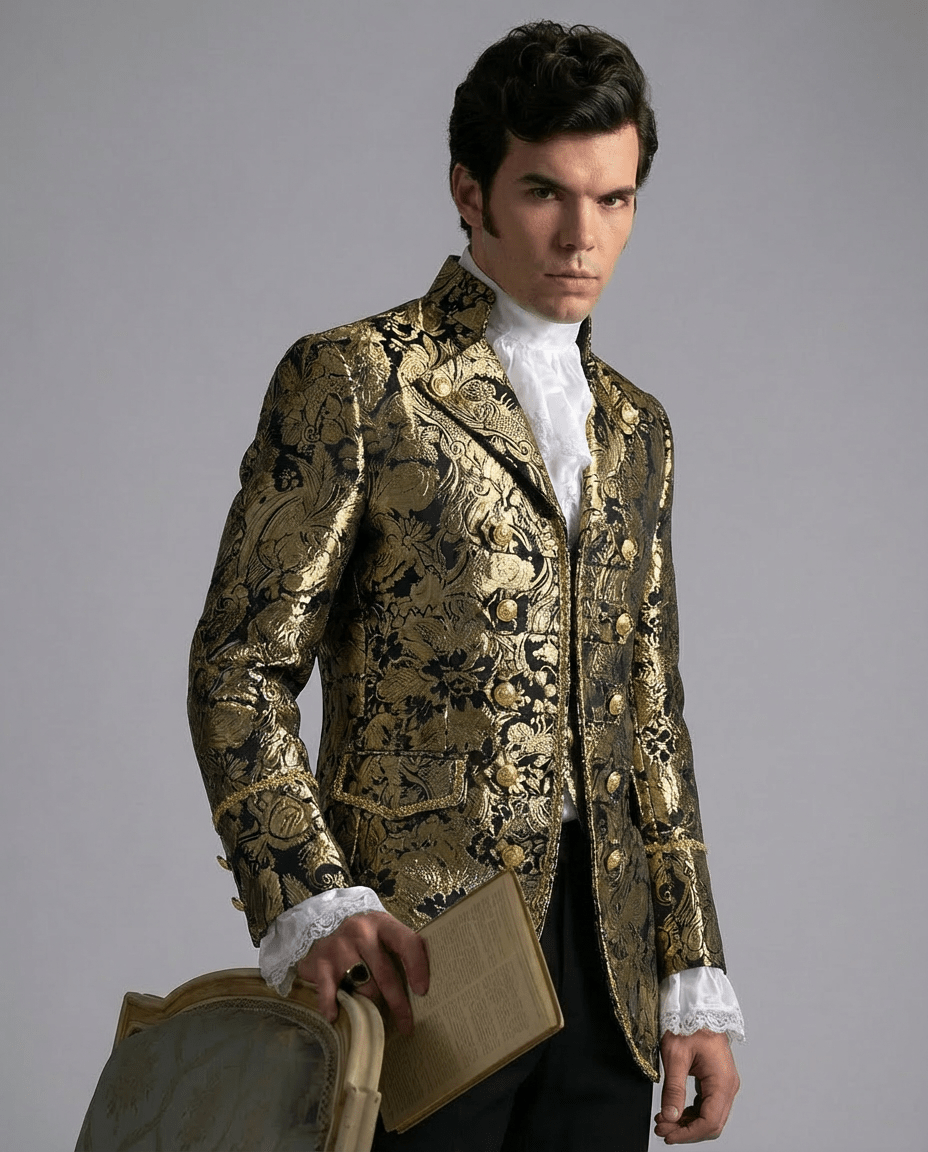 Black Gold Baroque Jacquard Regency Jacket for Men – Gothic Palace Formal Tailored Coat Plus Size - WonderlandByLilian