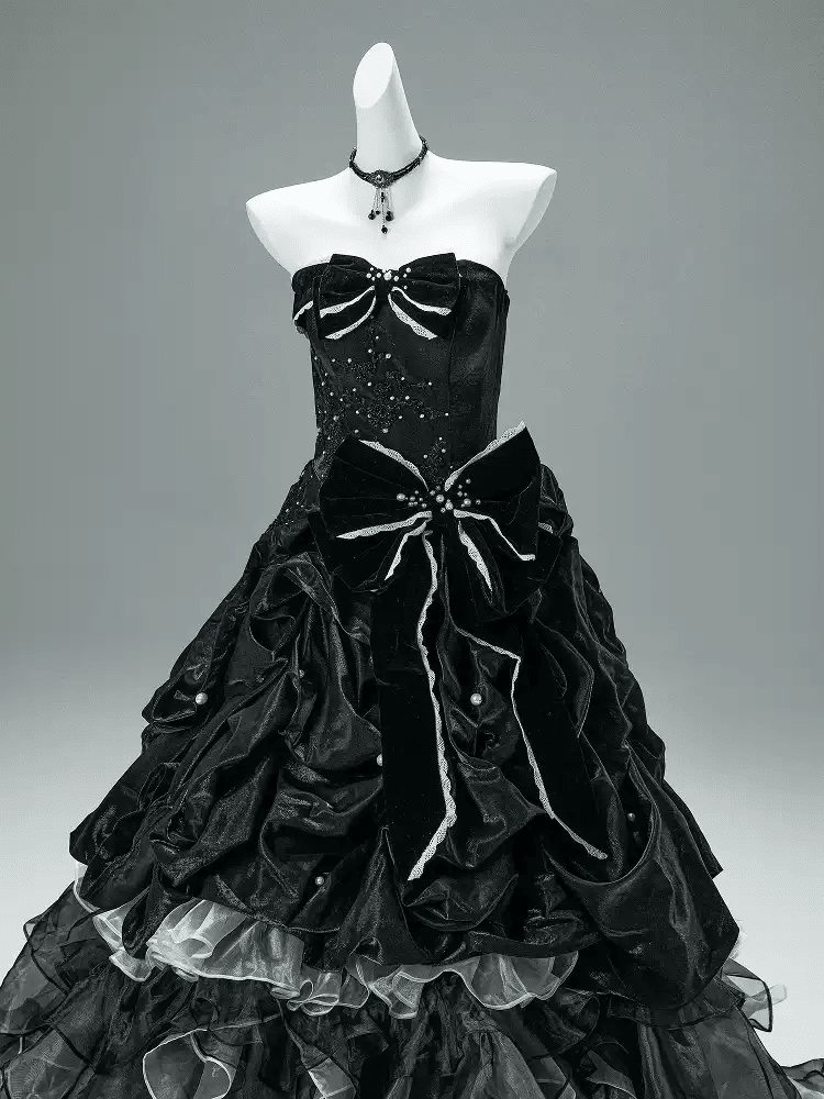 Black Gothic Ball Gown with Velvet Bows – Strapless Layered Tulle Ruffle Dress Plus Size - WonderlandByLilian