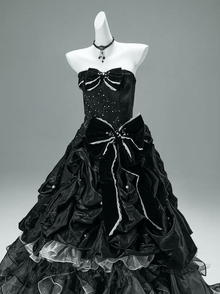 Black Gothic Ball Gown with Velvet Bows – Strapless Layered Tulle Ruffle Dress Plus Size - WonderlandByLilian
