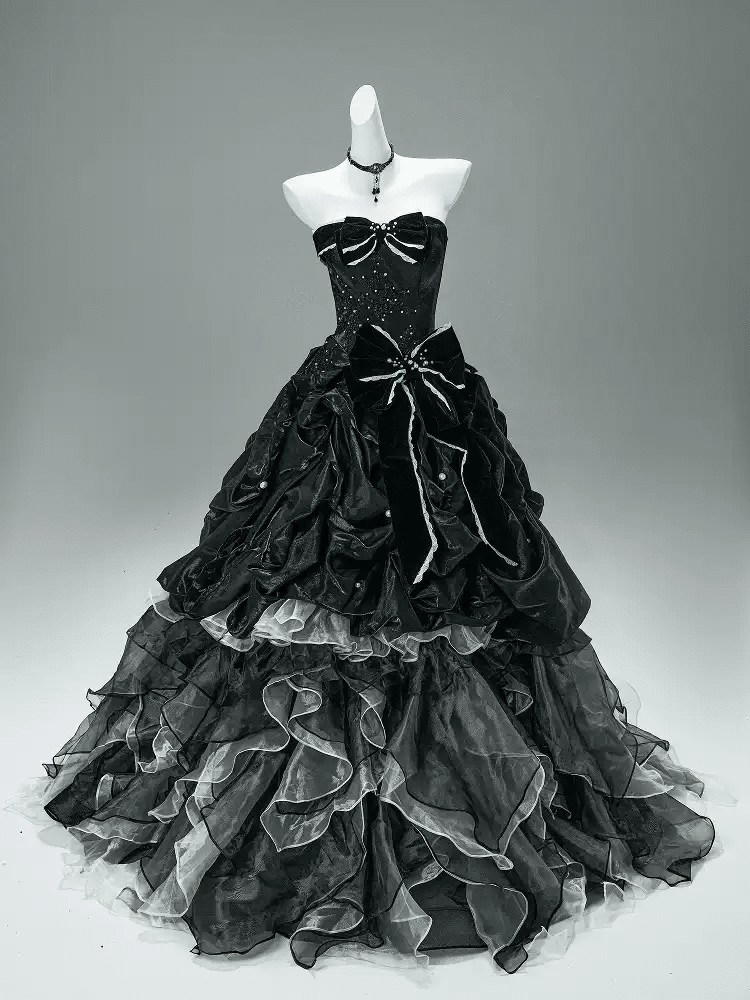 Black Gothic Ball Gown with Velvet Bows – Strapless Layered Tulle Ruffle Dress Plus Size - WonderlandByLilian