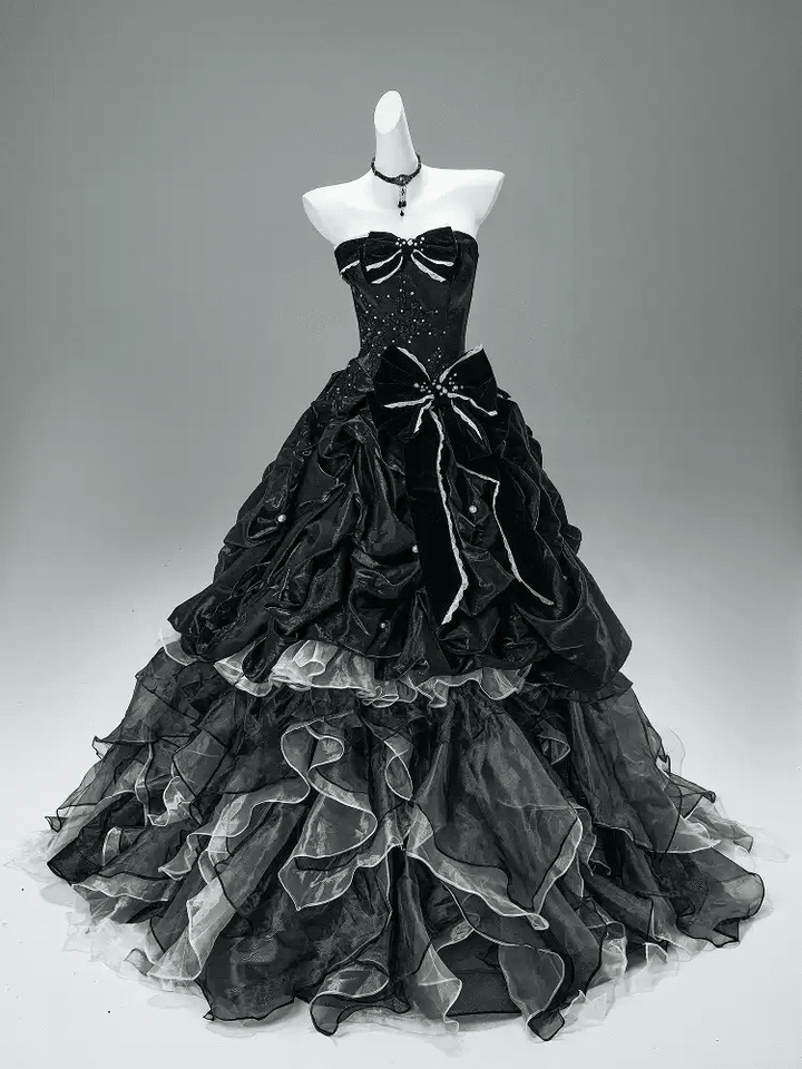 Black Gothic Ball Gown with Velvet Bows – Strapless Layered Tulle Ruffle Dress Plus Size - WonderlandByLilian
