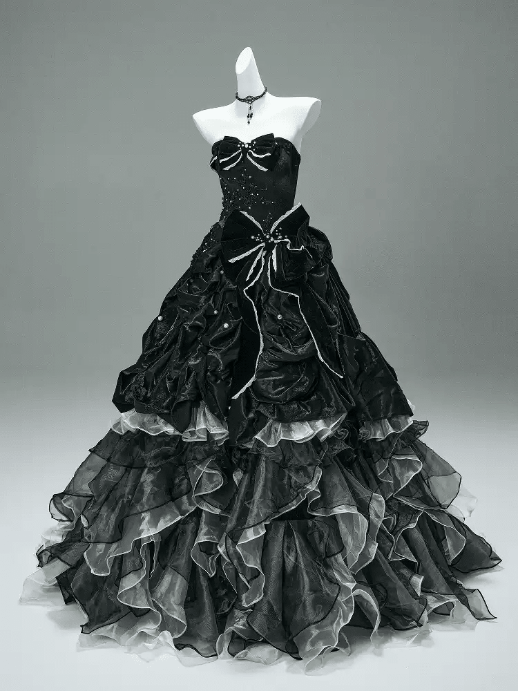 Black Gothic Ball Gown with Velvet Bows – Strapless Layered Tulle Ruffle Dress Plus Size - WonderlandByLilian